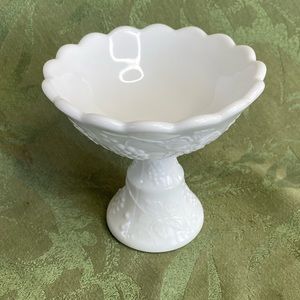 Milk glass vintage candy dish. Grapes and vine on cup and pedestal.